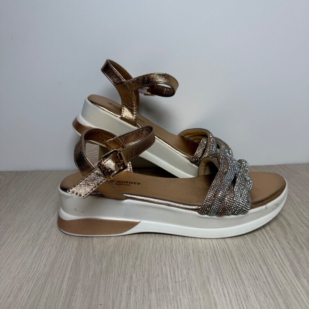 Platform Sandals Juicy Couture Women 9 Rose Gold Rhinestone Metallic Strappy